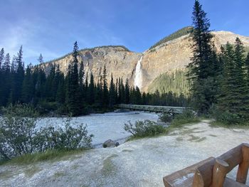 Scenic view of waterfall against sky