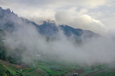 Scenic view of mountains against cloudy sky