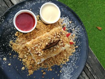 High angle view of dessert in plate on table