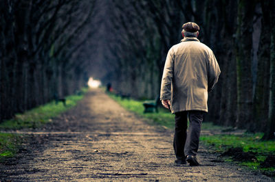 Rear view of man walking on footpath at park