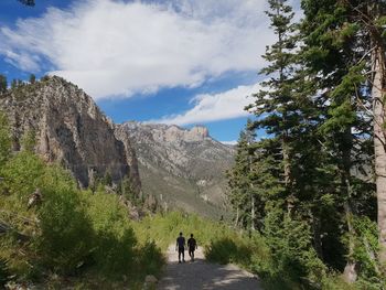 Rear view of people walking on mountain against sky