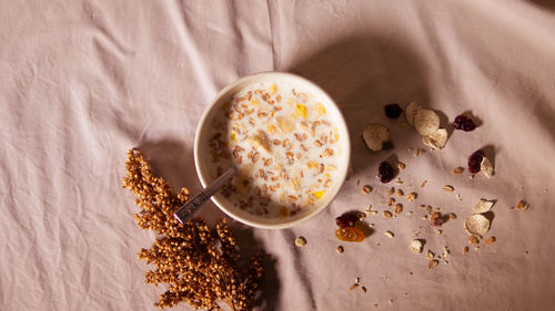 High angle view of breakfast on table