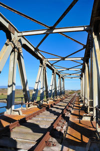 Metallic bridge against clear blue sky