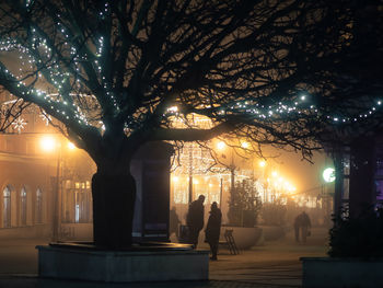 Silhouette people in illuminated city. christmas decoration, misty.