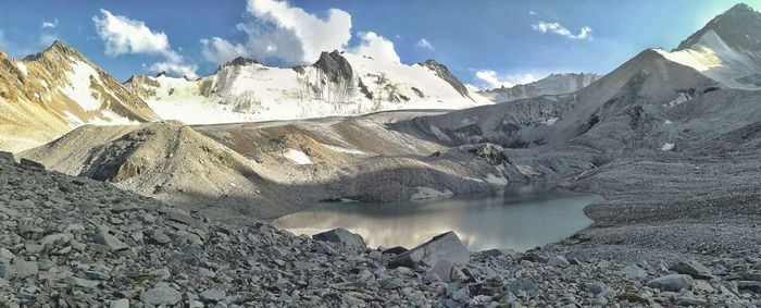 Panoramic view of snowcapped mountains against sky