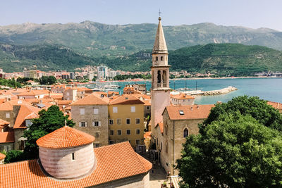 High angle view of townscape against sky in city