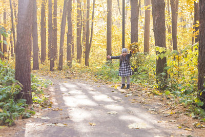 Man standing by trees in forest