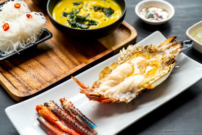 High angle view of food in plate on table