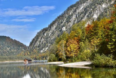 Scenic view of lake and mountains against sky