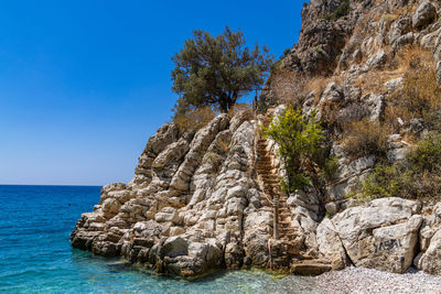 Scenic view of sea against clear blue sky