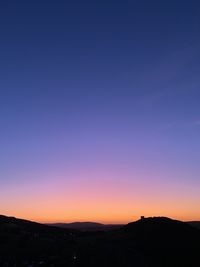 Scenic view of silhouette landscape against clear sky during sunset