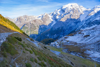 Scenic view of snowcapped mountains against sky