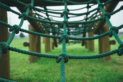 Close-up of green ropes on grassy field