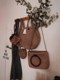 Close-up of potted plants hanging against wall at home