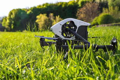 Close-up of camera on field