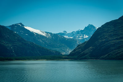 Scenic view of lake by snowcapped mountains against sky