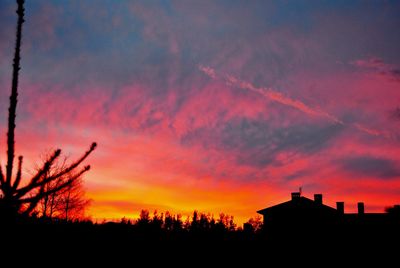 Silhouette trees against dramatic sky during sunset