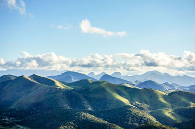 Aerial view of green mountains against blue sky
