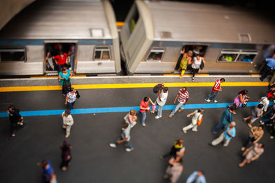 High angle view of people on road in city