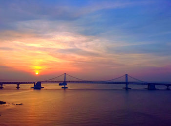 Suspension bridge over sea during sunset