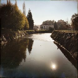 Reflection of houses and trees in water