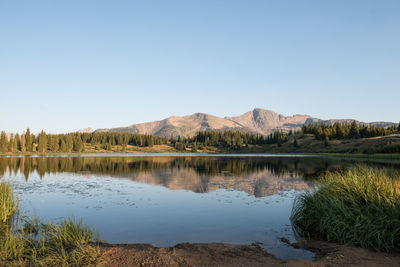 Scenic view of lake against clear blue sky