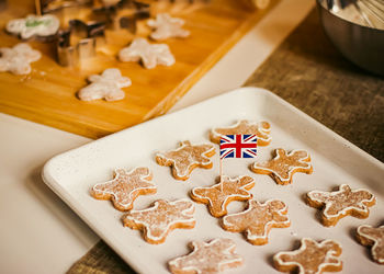 High angle view of cookies on table