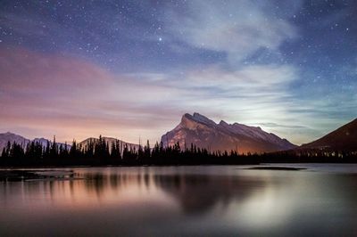 Scenic reflection of mountains in calm lake