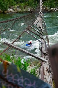 High angle view of man in river