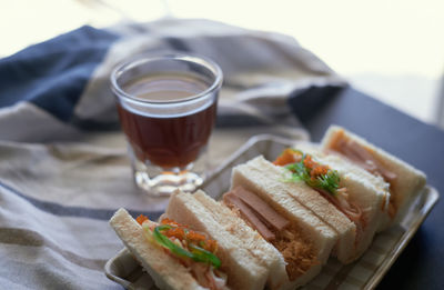 Close-up of breakfast served on table