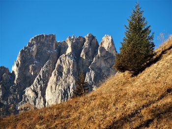 Panoramic view of mountains against clear blue sky