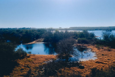 Scenic view of lake against clear sky