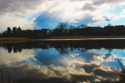 Scenic view of lake against cloudy sky