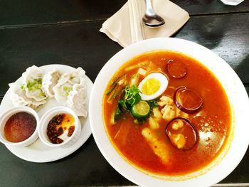 High angle view of soup in bowl