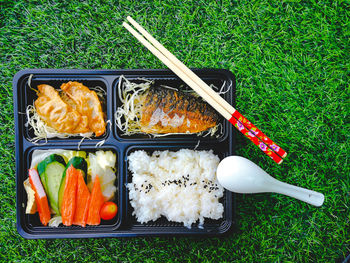 High angle view of food on table