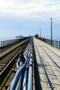 Railroad tracks by sea against sky