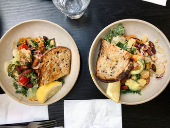 High angle view of meal served on table