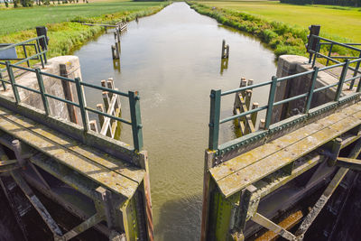 Westerland, netherlands. august 2022. opened sluice gates and draining water.