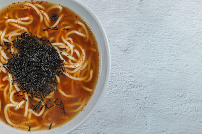 High angle view of noodles in bowl on table