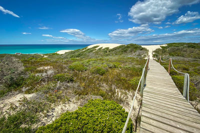 Scenic view of wooden footpath leading to beautiful de hoop nature reserve, south africa against sky