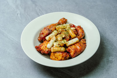 High angle view of food in plate on table