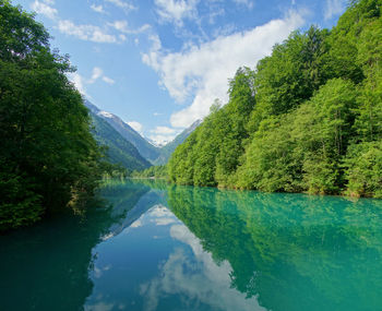 Scenic view of lake by trees against sky