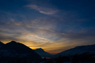 Scenic view of snowcapped mountains against sky during sunset