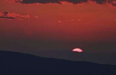 Scenic view of silhouette mountain against romantic sky at sunset