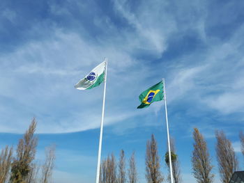 Low angle view of flags against sky