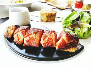 High angle view of food on stone plate