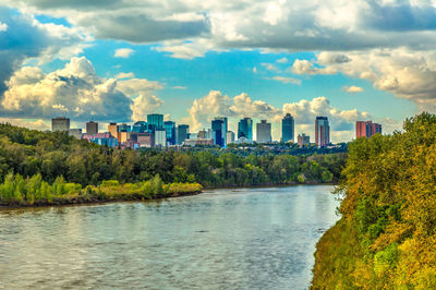 View of cityscape against cloudy sky