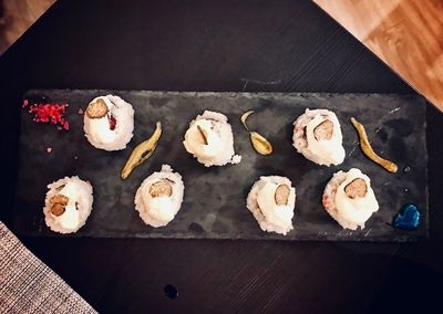 High angle view of cookies on table