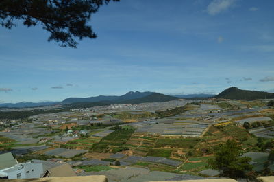 High angle view of agricultural field against sky