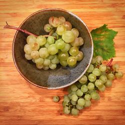 Directly above shot of grapes in bowl of wooden table